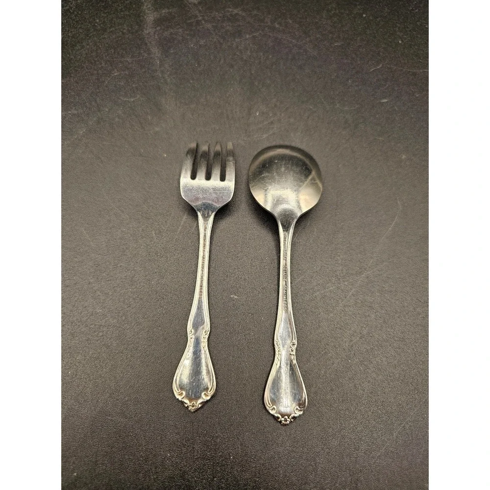 Ginsburg Craft Deluxe Stainless Baby Fork and Spoon Set Silver Tone Ornate Flora
